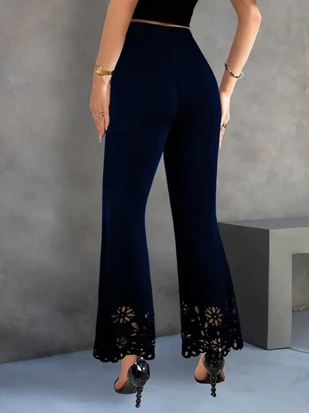 Kadın Yüksek Bel Paçaya Doğru Genişleyen Lazer çiçek Kesim Detaylı Ithal Krep Pantolon - Resim 4