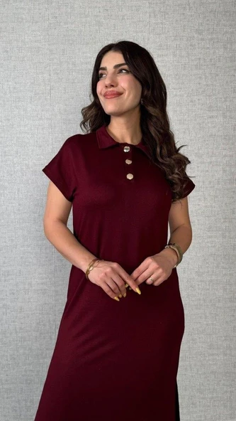 Kadın Kısa Kollu Yakalı Yandan Yırtmaçlı Viskon Iki Iplik Elbise - Resim 2