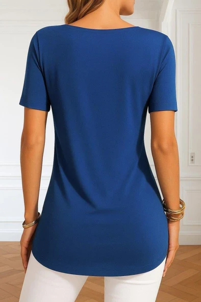 Kadın Kısa Kollu Yuvarlak Yaka Yandan Düğmeli Viskon Bluz - Resim 2