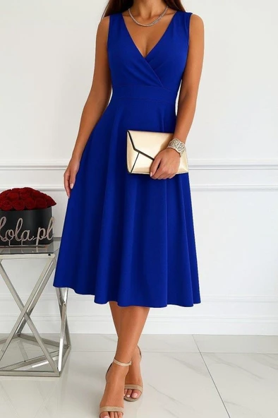 Kadın Ithal Krep Kumaş Kruvaze Yaka Eteği Kloş Kolsuz Mini Elbise - Resim 3