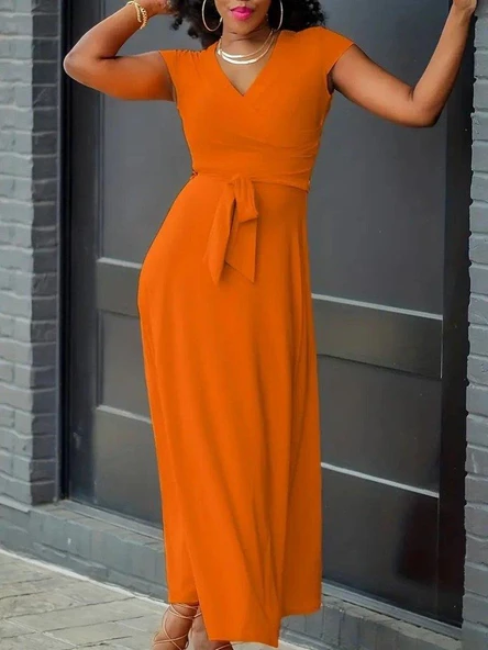 Kadın Kısa Kollu V Yakalı Belden Kuşaklı Maksi Boy Viskon Elbise ürün görseli