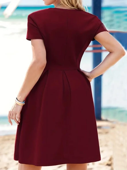 Kadın Kısa Kollu Bisiklet Yaka önden Pile Detaylı Janjan Krep Elbise - Resim 2