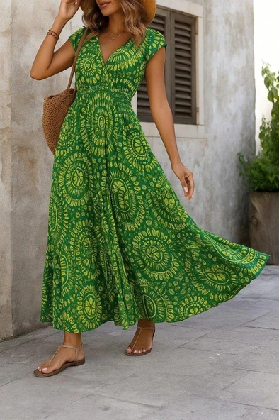 Kadın Kısa Yarasa Kanat Kollu V Yakalı Beli Büzgülü Süprem Elbise ürün görseli