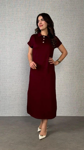 Kadın Kısa Kollu Yakalı Yandan Yırtmaçlı Viskon Iki Iplik Elbise ürün görseli