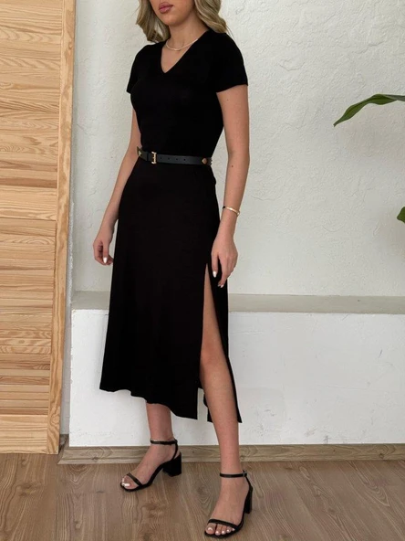 Kadın Kısa Kollu V Yaka Maxi Boy Elbise 124 Cm - Resim 6