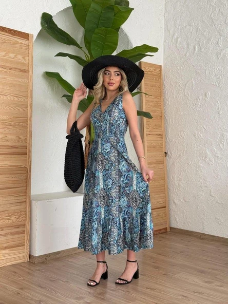 Kadın Beli Gipeli Etnik Desen Sıfır Kol Süprem Elbise - Resim 2