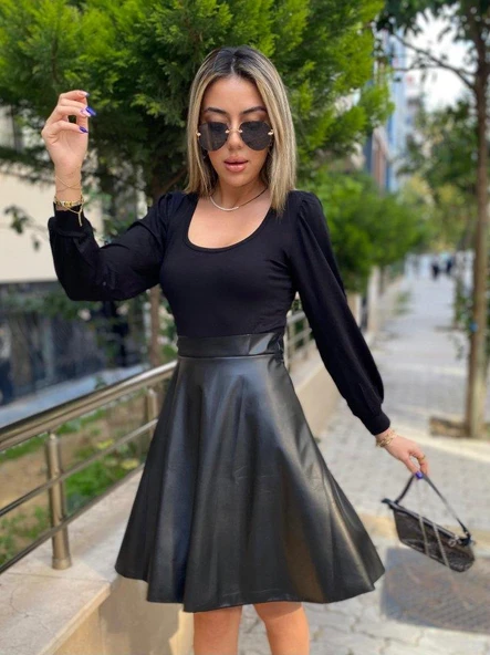 Kadın Uzun Kollu üst Viskon Alt Kloş Deri Elbise - Resim 3