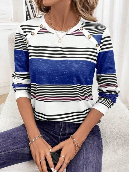 Kadın Uzun Kollu Bisiklet Yaka Düğme Detaylı Desenli Süprem Bluz - Resim 9