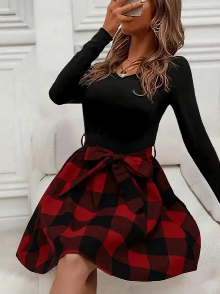 Kadın Uzun Kollu Bisiklet Yaka üst Viskon Alt Ekose Kısa Elbise - Resim 3