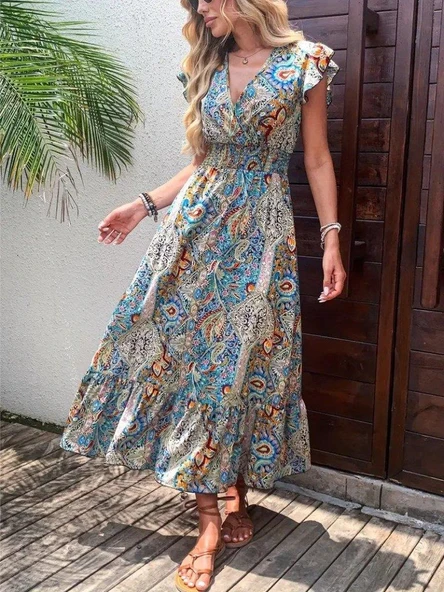 Kadın Kısa Kollu Kruvaze Yakalı Desenli Maxi Elbise - Resim 7