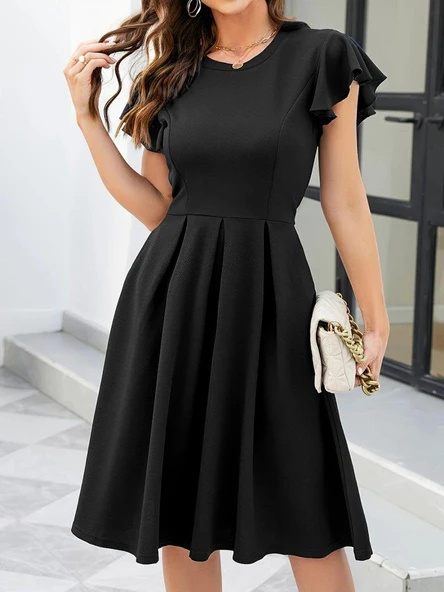 Kadın Kelebek Kollu Bisiklet Yakalı Pileli Ithal Krep Elbise ürün görseli