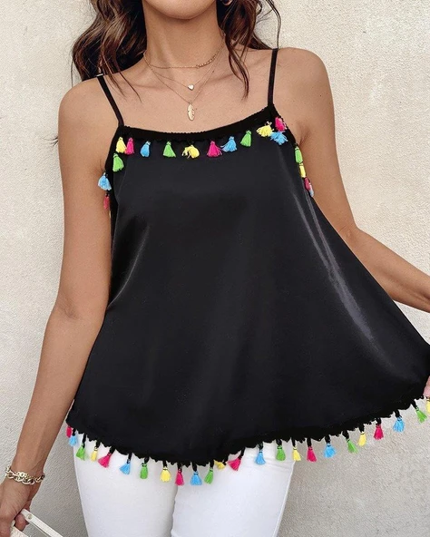 Kadın Ip Askılı Püskül Detaylı Sandy Bluz - Resim 6