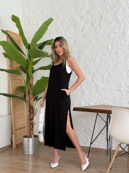 Kadın Yırtmaç Detaylı Viskon Kumaş Maxi Boy Cepli Iç Dahil Ikili Elbise - Resim 5