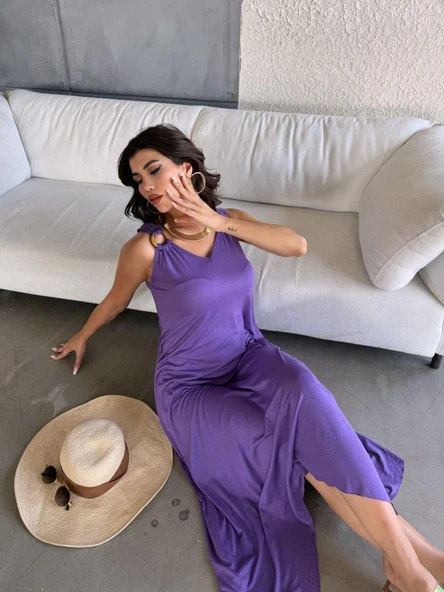 Kadın çan Dokuma Kumaş V Yaka Asimetrik Kesim Elbise - Resim 6