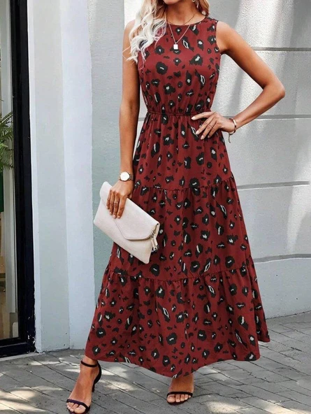 Kadın Kolsuz Bisiklet Yaka Beli Lastikli Desenli Süprem Elbise ürün görseli