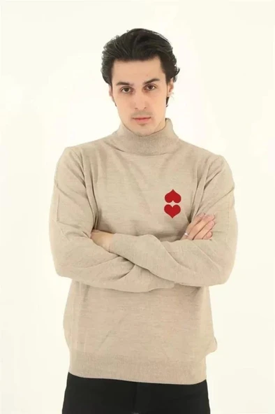 Unisex Yarım Boğazlı Baskılı Dokuma Triko - Bej ürün görseli