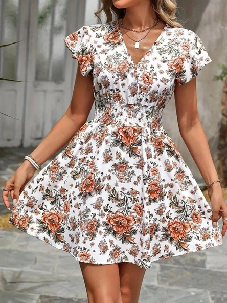 Kadın Kısa Kollu Kruvaze Yakalı çiçek Desenli Süprem Elbise - Resim 5