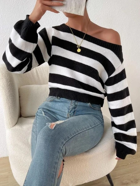 Kadın Uzun Kollu Kayık Yaka Triko Bluz ürün görseli