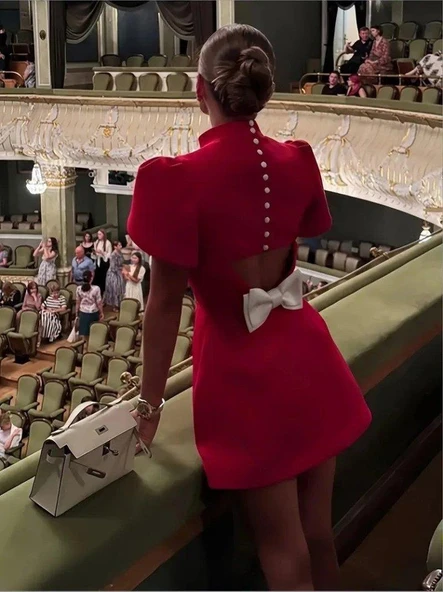 Kadın Kısa Kollu Balıkçı Yaka Arkadan Kelebek Dekolte Detaylı Kısa Atlas Elbise - Resim 3