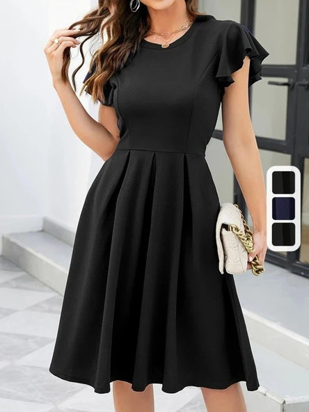 Kadın Kelebek Kollu Bisiklet Yakalı Pileli Ithal Krep Elbise - Resim 4