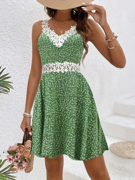 Kadın Askılı Dantel Yakalı çiçek Desenli Süprem Elbise - Resim 3