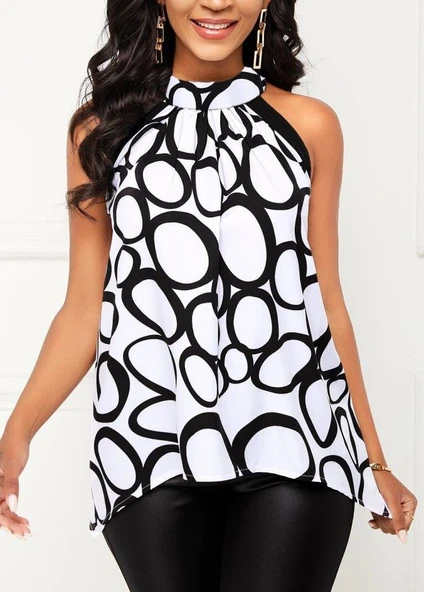 Kadın Reglan Kol Daire Yaka Desenli Asimetrik Süprem Bluz ürün görseli