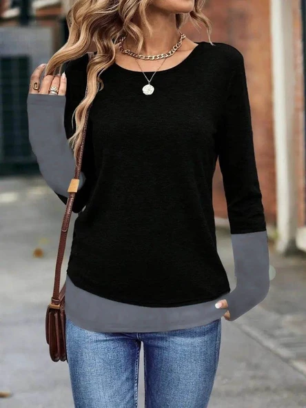 Kadın Uzun Kollu Açık Yuvarlak Yaka Blok Renkli Viskon Bluz ürün görseli