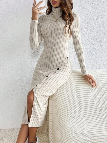 Kadın Uzun Kollu Balıkçı Yaka Yırtmaçlı Düğmeli şardonlu Kaşkorse Elbise(kemersiz) - Resim 2