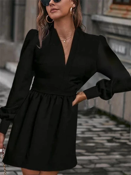 Kadın Uzun Kollu V Yaka Belden Hafif Pileli Scuba Krep Mini Boy Elbise ürün görseli