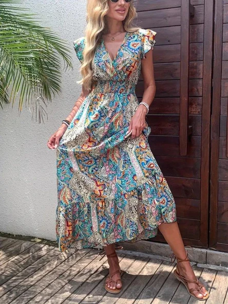 Kadın Kısa Kollu Kruvaze Yakalı Desenli Maxi Elbise ürün görseli