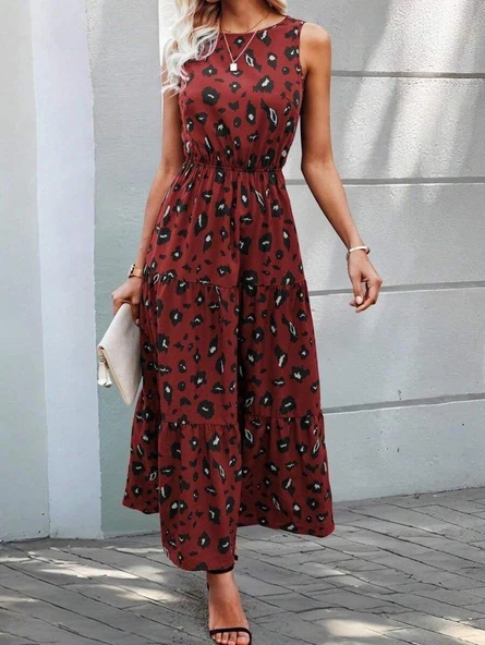 Kadın Kolsuz Bisiklet Yaka Beli Lastikli Desenli Süprem Elbise - Resim 3