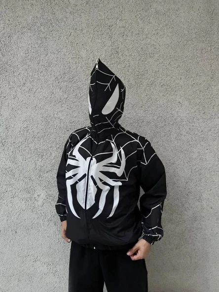 Unisex Uzun Kollu Kapşonlu Rüzgarlik - Siyah ürün görseli