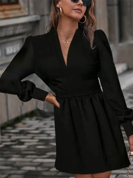 Kadın Uzun Kollu V Yaka Belden Hafif Pileli Scuba Krep Mini Boy Elbise - Resim 3