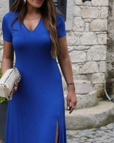 Kadın Kısa Kollu V Yaka Maxi Boy Elbise 124 Cm - Resim 3