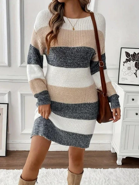 Kadın Uzun Kollu Yuvarlak Yaka çizgili çok Renkli Triko Elbise ürün görseli