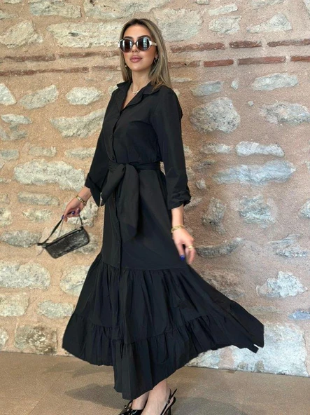 Kadın Uzun Kollu Eteği Fırfırlı Beli Kuşaklı Trikoton Tam Boy Gömlek Elbise - Resim 4