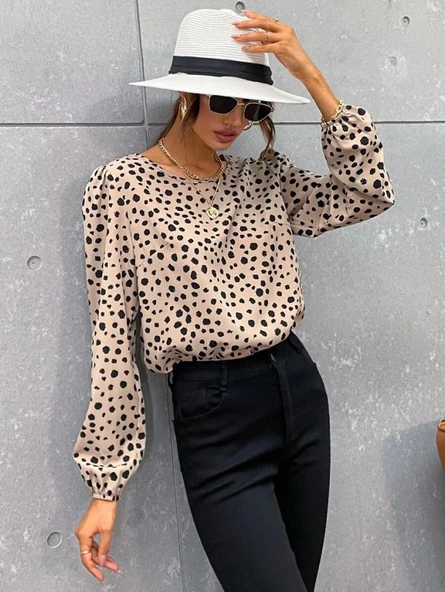 Kadın Uzun Kollu Bisiklet Yaka Desenli Bluz - Resim 2