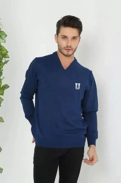 Baskılı V Yaka Uzun Kol Dokuma Triko - Indigo ürün görseli