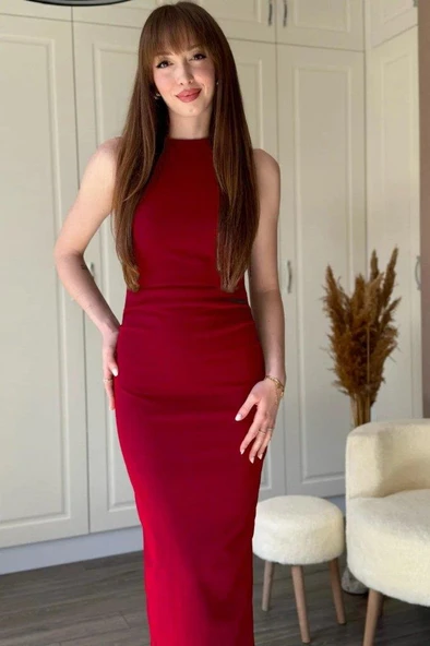 Kadın Sıfır Kol Sıfır Yaka Drape Detaylı Midi Janjan Krep Elbise - Resim 2