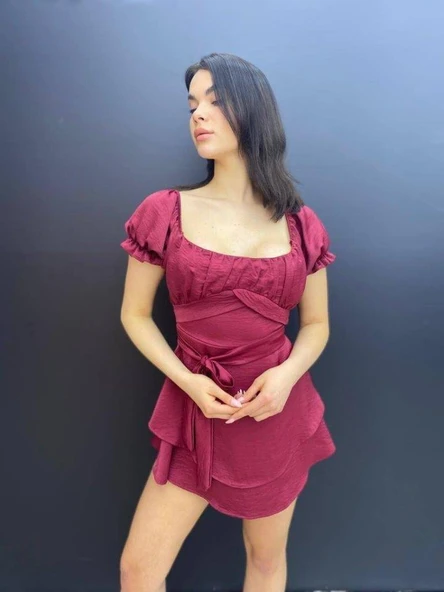 Kadın Kare Yaka Kuşak Detay Fırsat ürün Mini Elbise - Resim 5