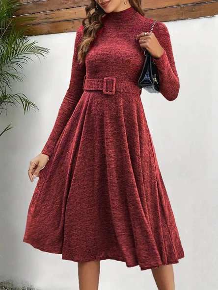 Kadın Uzun Kollu Balıkçı Yaka Kemer Detaylı Yumoş Midi Elbise ürün görseli