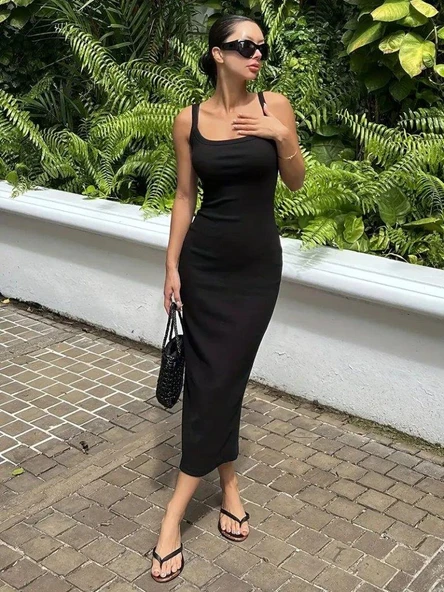 Kadın Ip Askılı Yuvarlak Yakalı Yırtmaçlı Midi Kaşkorse Elbise ürün görseli