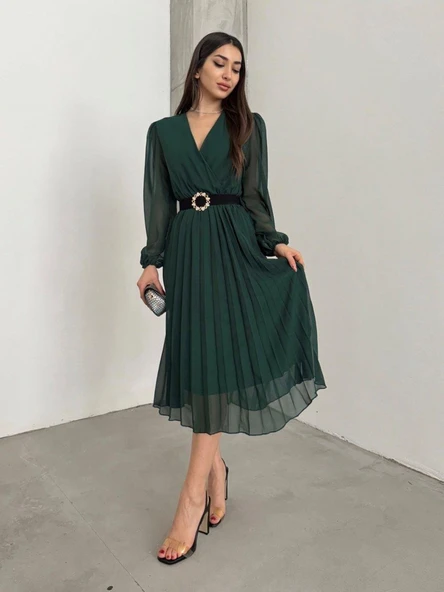 Kadın şifon Kumaş Astalı Kloş Kesim Kruvaze Yaka Midi Boy Elbise ürün görseli