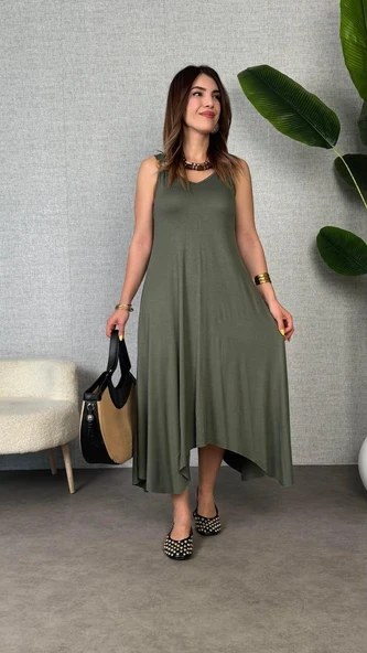 Kadın çan Dokuma Kumaş V Yaka Asimetrik Kesim Elbise - Resim 3