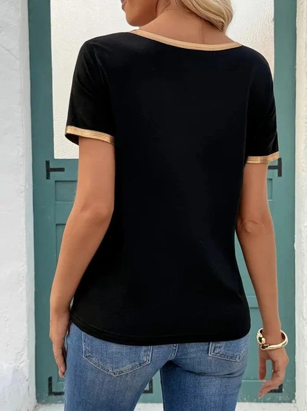 Kadın Kısa Kollu V Yakalı Viskon Bluz - Resim 3