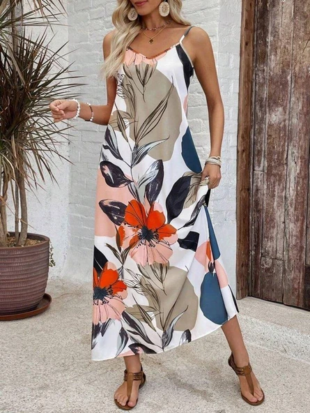 Kadın Ip Askılı Geniş V Yakalı Desenli Süprem Elbise ürün görseli