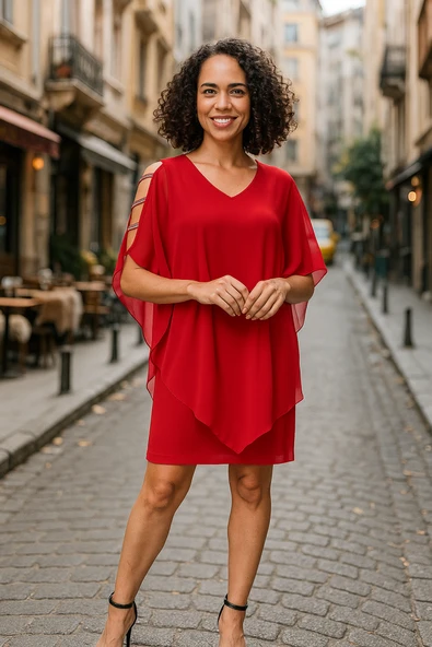 Kadın Omzu Açık V Yaka Şifonlu Sandy Kumaş Fırsat Ürün Diz Üstü Elbise ürün görseli