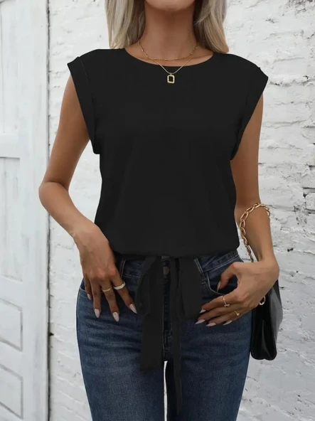 Kadın Sıfır Kol Etek Ucu Bağlama Detay Ithal Krep Bluz - Resim 3