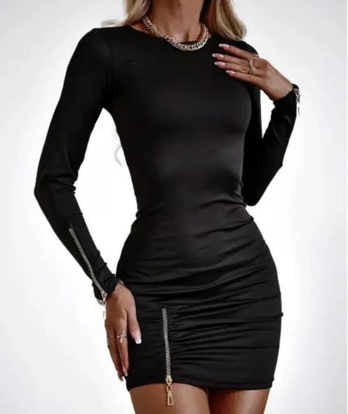 Kadın Bisiklet Yaka Fermuar Detay Fırsat ürün Büzgülü Mini Elbise ürün görseli