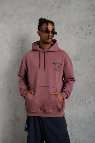 Erkek 98 Baskılı Kapşonlu Sweat - Gül Kurusu - Resim 2